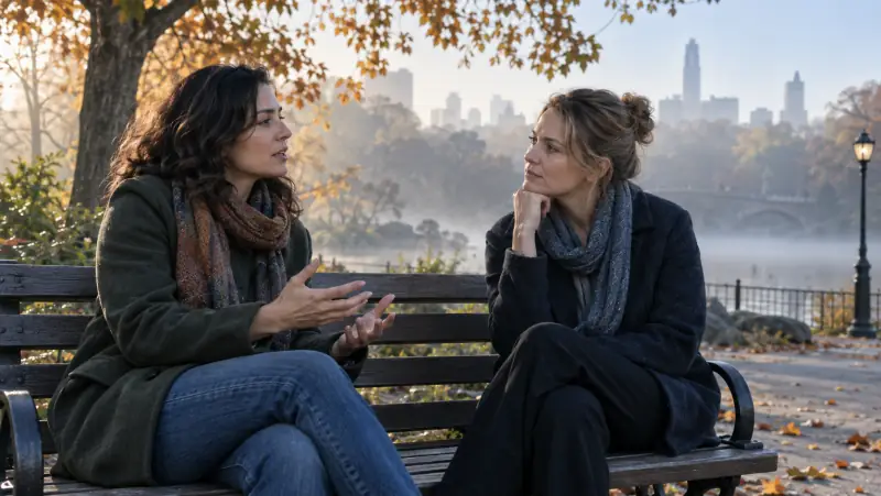 Two adult women having a thoughtful conversation on a park bench in the early morning.