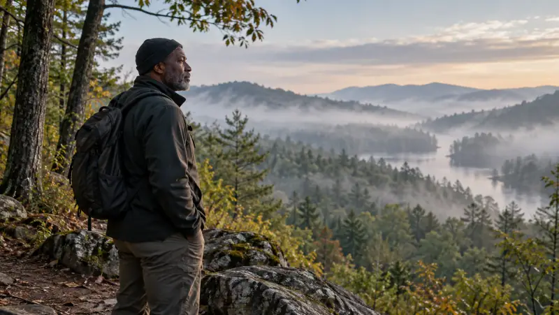 A man pausing alone on a quiet wooded trail overlook in the early morning.