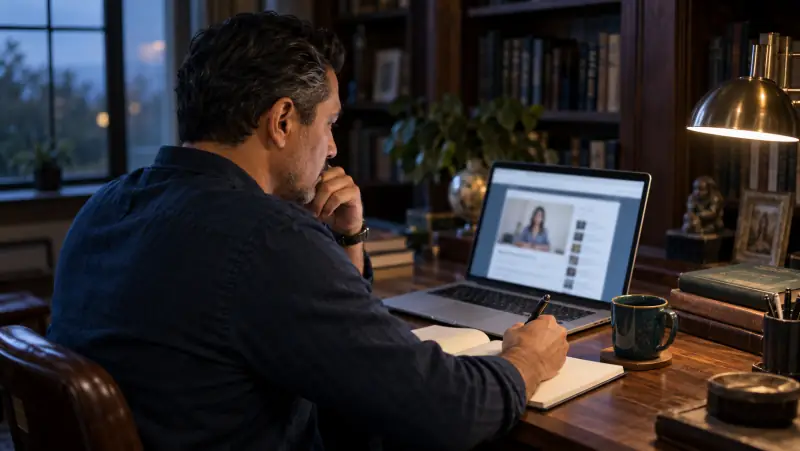 A man reviewing an online course on a laptop and taking notes in a quiet home library.