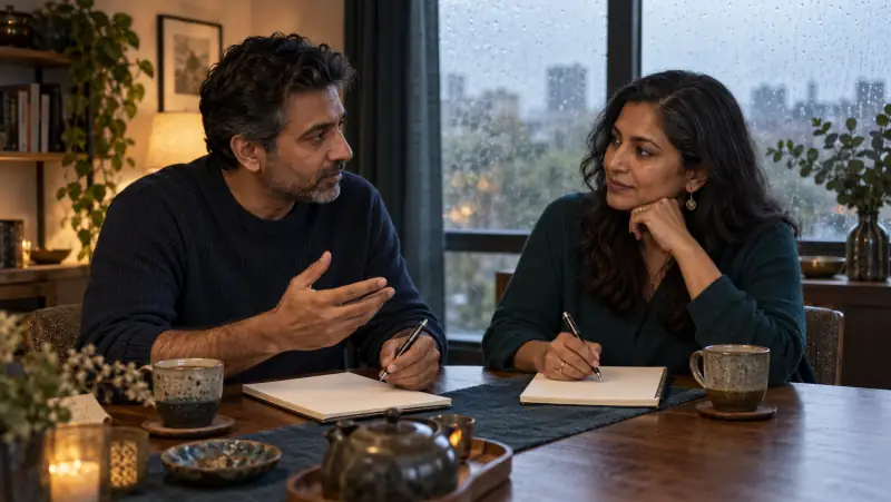 An adult couple comparing ideas in blank notebooks at a table beside a rain-speckled window.