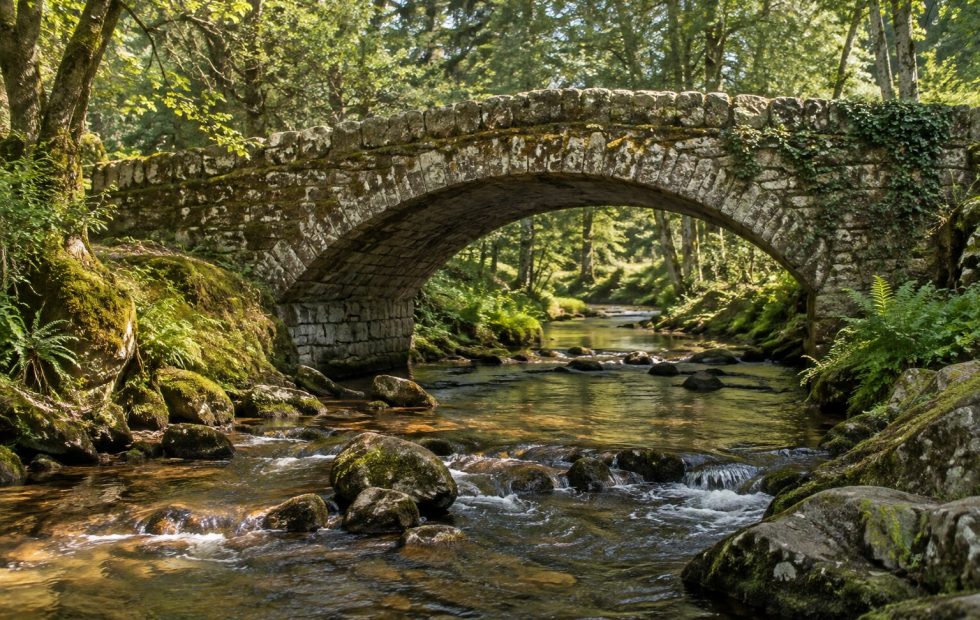 Follow the path across the old stone bridge